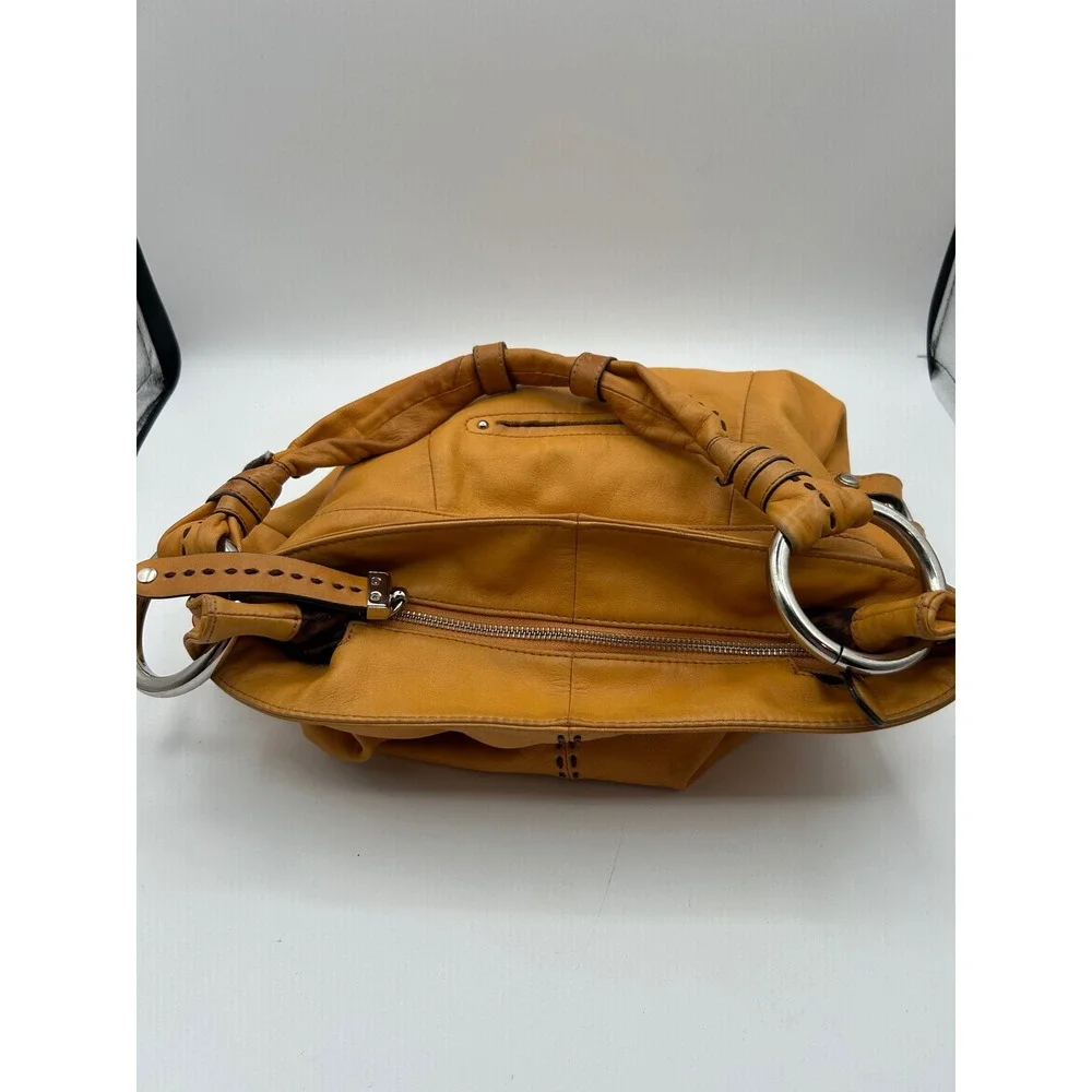 B. Makowsky Hobo Bag Women Large Mustard Yellow Leather Whipstitch Ring Handle